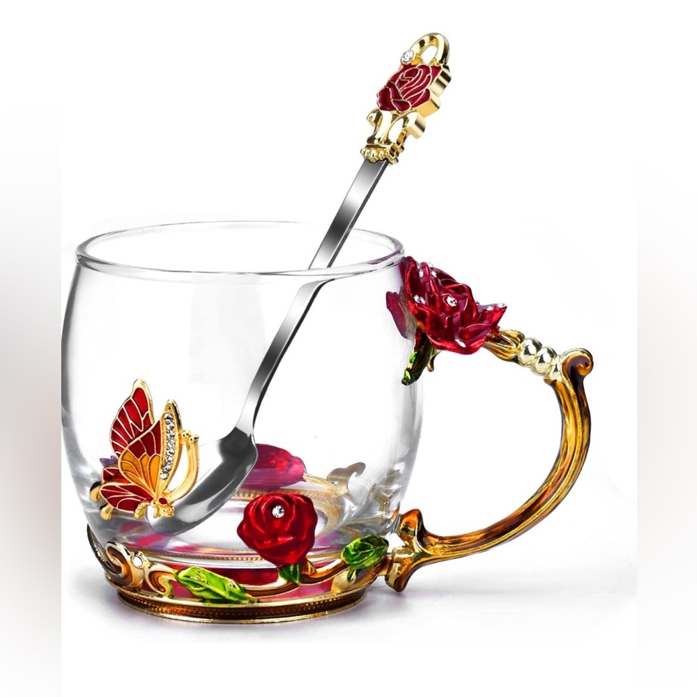 Butterfly rose enamel
design tea cup 12 oz gift for mom